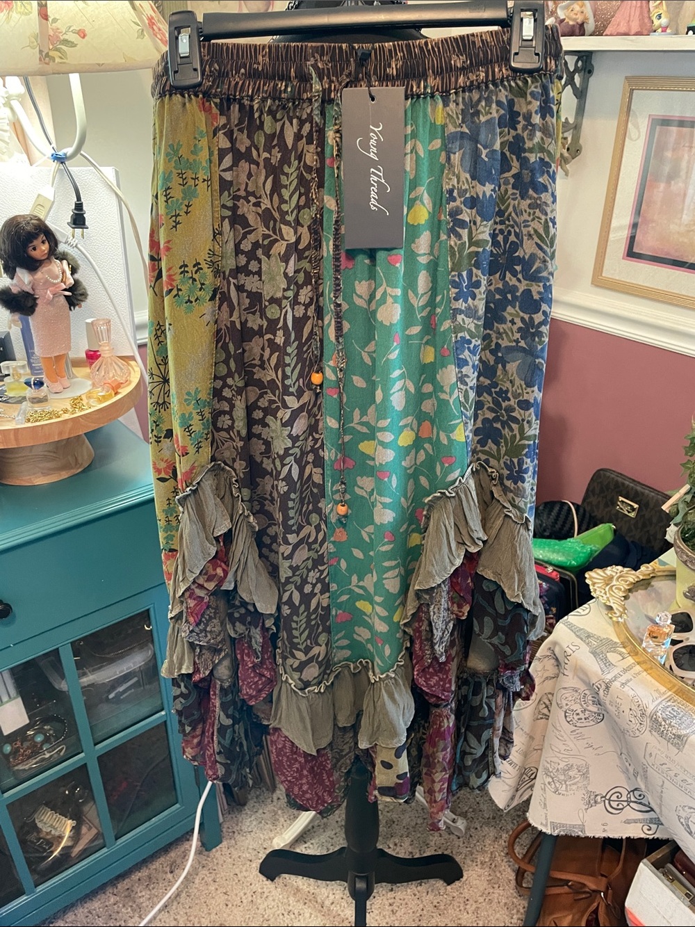 PatchworkBoho Floral Ruffle Maxi Skirt - Teal/Brown. Young Threads